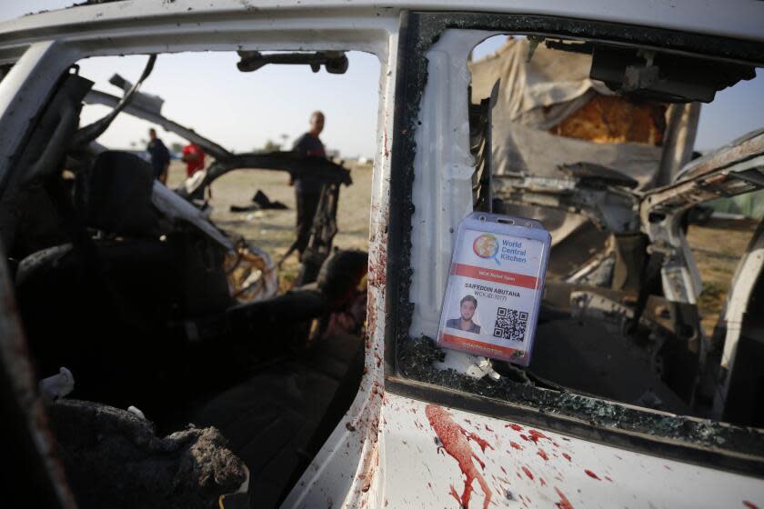 DEIR AL BALAH, GAZA - APRIL 02: Heavily damaged vehicle of the officials working at the US-based international volunteer aid organization World Central Kitchen (WCK), who are killed, is seen after an Israeli attack on a vehicle belonging to WCK in Deir Al-Balah of Gaza on April 02, 2024. (Photo by Ashraf Amra/Anadolu via Getty Images)