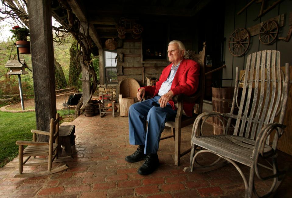 Rev. Billy Graham, on the porch of his mountaintop cabin in Montreat, North Carolina on May 12, 2005.  