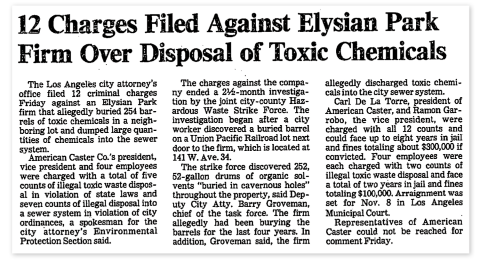 Article from the L.A. Times with the headline: "12 Charges Filed Against Elysian Park Firm Over Disposal of Toxic Chemicals."