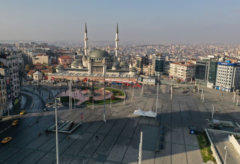 Drone footage reveals Taksim Square during a two-day curfew which was imposed to prevent the spread of the coronavirus disease (COVID-19), in Istanbul