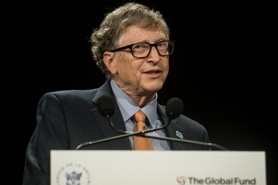 Bill Gates delivers a speech at the fundraising day at the Sixth World Fund Conference in Lyon, France, on October 10, 2019. (Photo by Nicolas Liponne/NurPhoto via Getty Images)