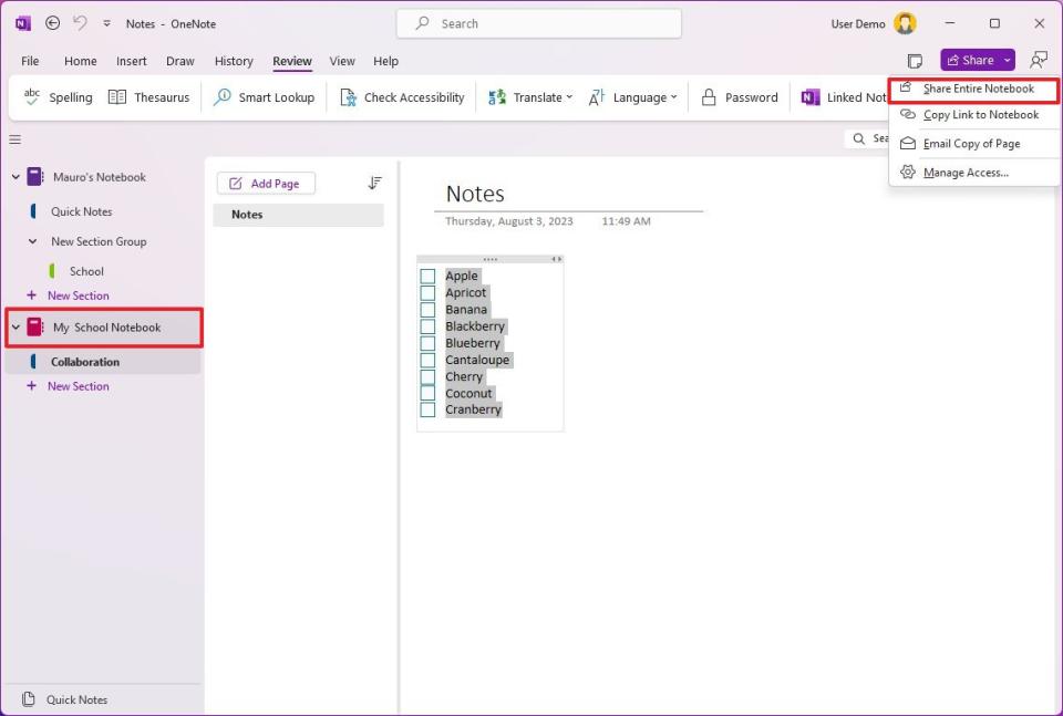 OneNote share notebook