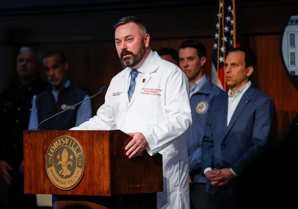 “I’m weary. There’s only so many times you can walk in the room and tell someone they’re not coming home tomorrow…I would simply ask you to do something. Because doing nothing, which is what we have been doing, is not working,” said Dr. Jason Smith of UofL Hospital, about treating victims of gun violence in Louisville, during a press conference update about the Old National Bank mass shooting that occurred Monday morning. Five people were shot and killed and eight injured, including two Louisville Metro Police officers in downtown Louisville, Ky.  April 11, 2023
