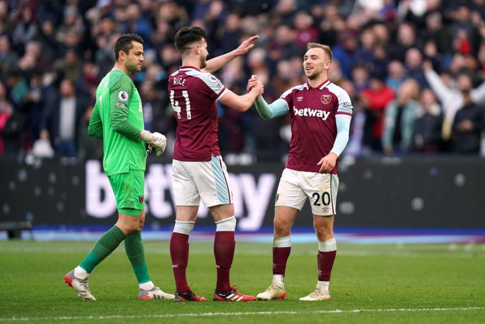 West Ham’s Jarrod Bowen (right) and Declan Rice celebrate after their 3-2 victory over Chelsea (Adam Davy/PA) (PA Wire)