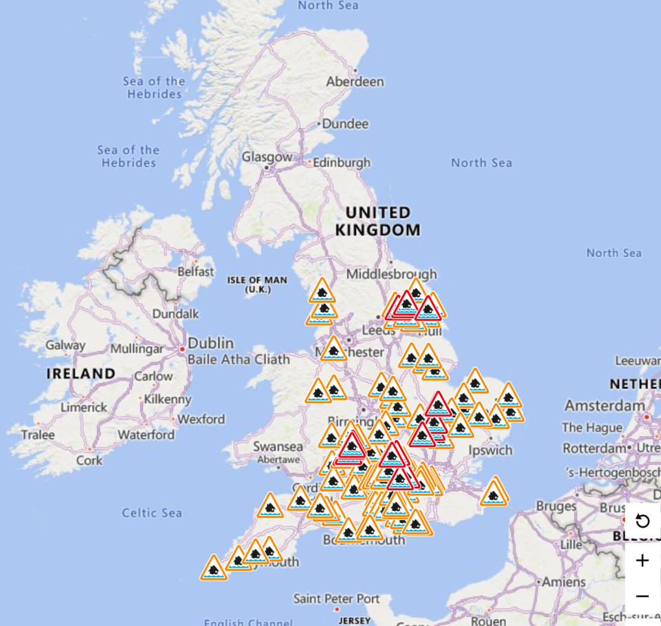 Flood alerts and warnings are in place for large parts of England. (Environment Agency)