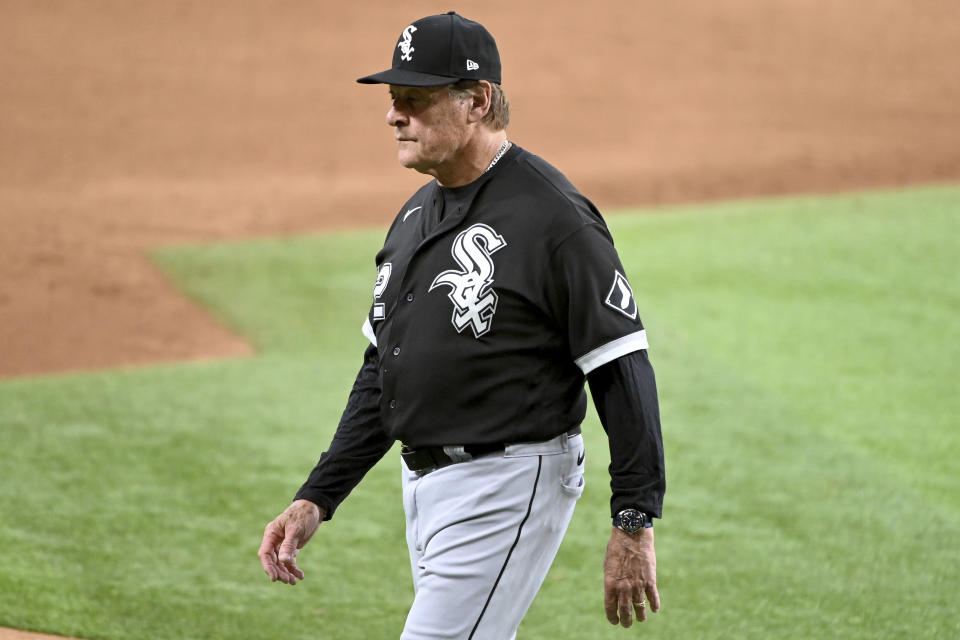 Chicago White Sox manager Tony La Russa walks off the field after making a pitching change in the sixth inning of a baseball game against the Texas Rangers in Arlington Texas, Sunday, Sept. 19, 2021. (AP Photo/Matt Strasen)