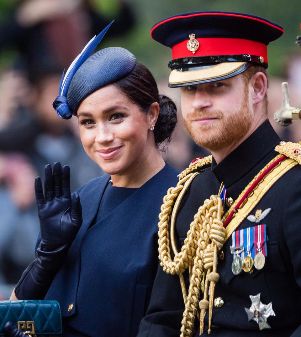 <p>The Duke and Duchess of Sussex ride in a carriage together at the annual Trooping the Colour parade. </p>