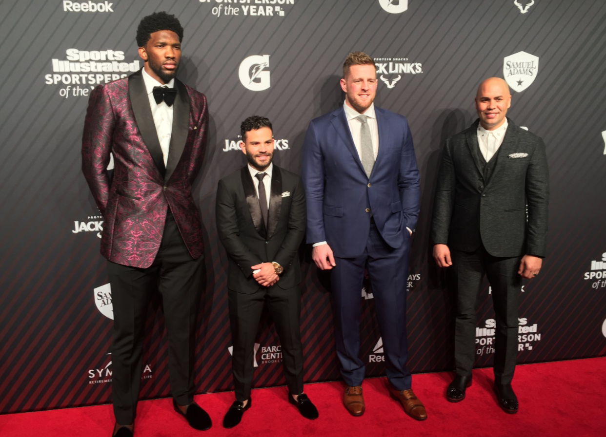 From left to right: Joel Embiid, Jose Altuve, J.J. Watt and Carlos Beltran. (Photo: @NBA on Twitter)