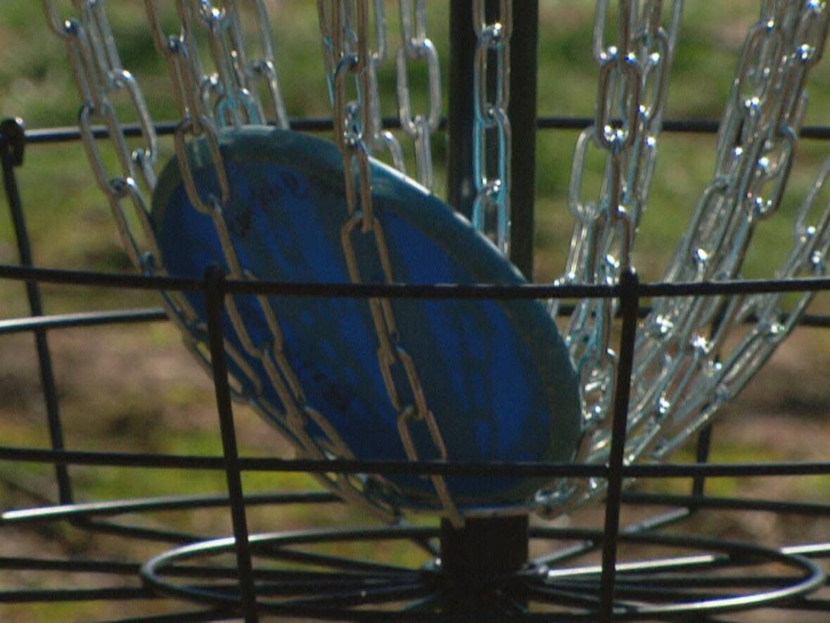 A golf disc in a basket is pictured in Vancouver. Residents living near Eastview Park in North Vancouver expressed concerns about safety, garbage and overcrowding in relation to the park's disc golf course during a recent city council meeting.  (CBC News - image credit)