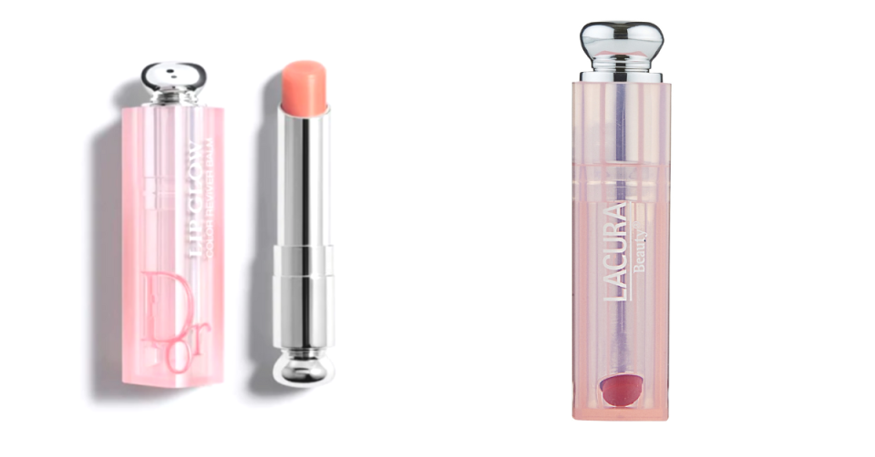 At left, a picture of Dior's luxurious Lip Glow next to its pink and silver case; at right, the pink and silver case holding the new Aldi LACURA balm, $9.99. 