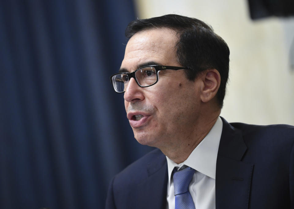 Treasury Secretary Steven Mnuchin speaks during a Senate Small Business and Entrepreneurship hearing to examine implementation of Title I of the CARES Act, Wednesday, June 10, 2020 on Capitol Hill in Washington. (Kevin Dietsch/Pool via AP)