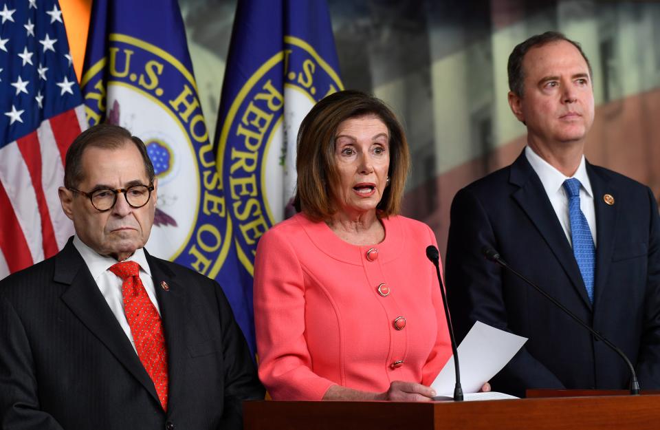 House Speaker Nancy Pelosi announces House managers for the impeachment of President Trump alongside House Judiciary Committee Chairman Jerrold Nadler, left, and Intelligence Committee Chairman Adam Schiff on Jan. 15, 2020.