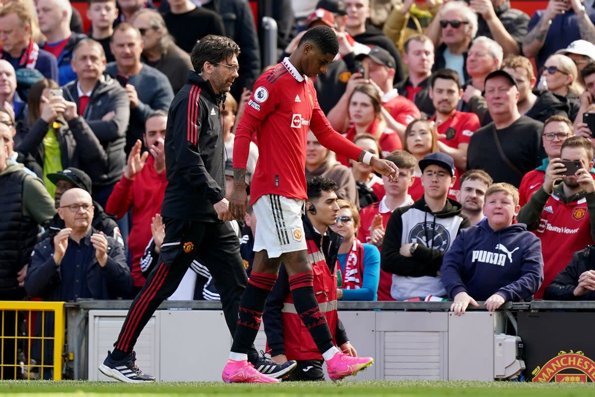 Marcus Rashford (right) pulled up holding his groin at the weekend (Mike Egerton/PA) (PA Wire)