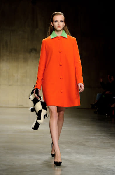 <b>LFW AW13: Fashion East </b><br><br>Block orange was a key colour on the catwalk.<br><br>© Rex