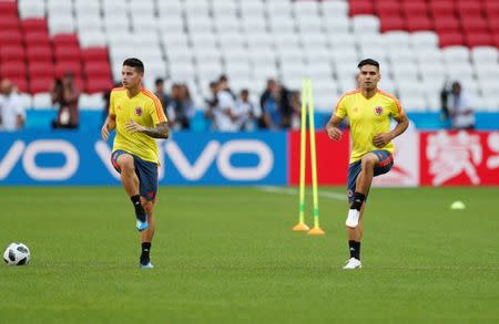 Soccer Football - World Cup - Colombia Training - Kazan Arena, Kazan, Russia - June 23, 2018 Colombia's James Rodriguez and Radamel Falcao during training REUTERS/John Sibley