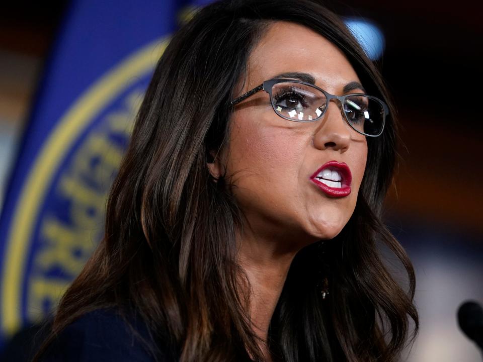 Rep. Lauren Boebert, R-Colo., speaks to reporters at the Capitol in Washington, Wednesday, June 8, 2022.