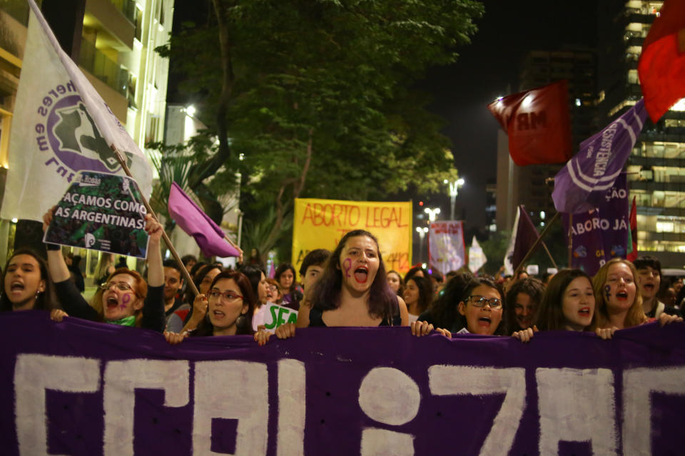 Activists demonstrate in Sao Paulo, Brazil, on July 19, 2018 in favor of abortion legalization.