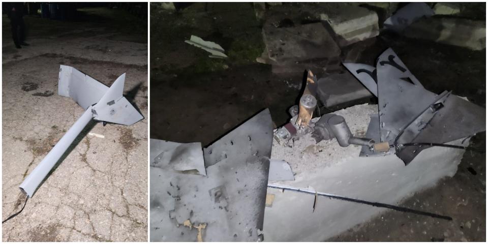 A composite image appearing to show wreckage from a claimed drone attack in Dzhankoi, Crimea, on March 20, 2023. The images were shared by Oleg Kryuchkov, a Russian-installed adviser to the Russian occupiers, via TASS.