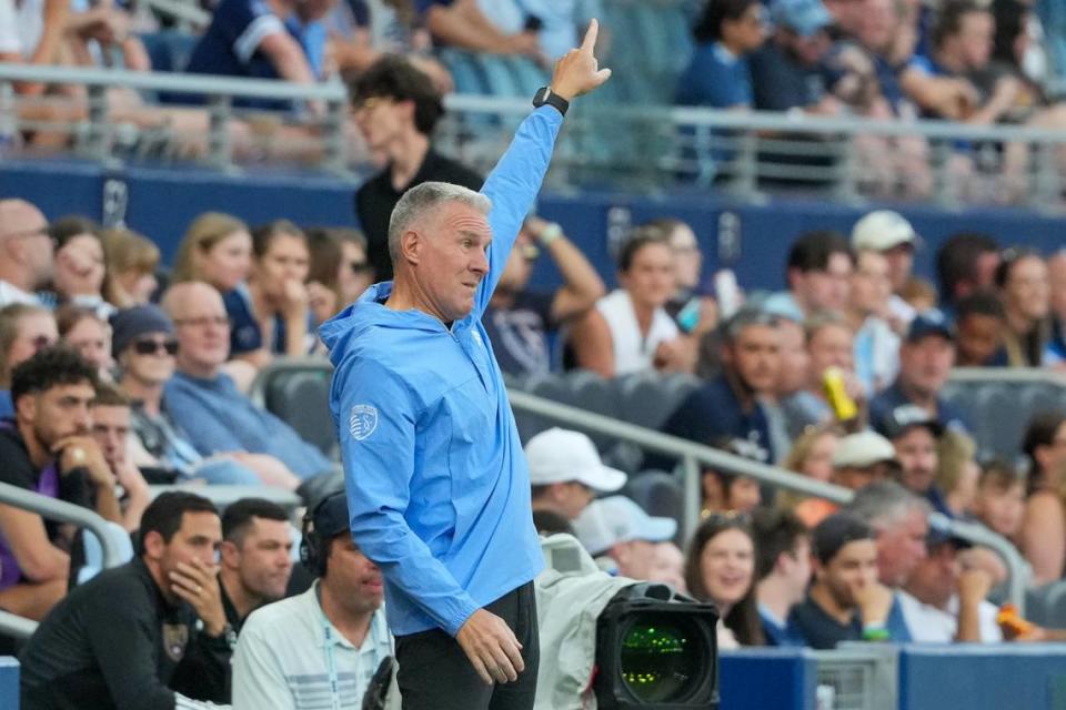 Sporting Kansas City coach Peter Vermes gestures to players against Real Salt Lake during the first half at Children’s Mercy Park on June 19, 2024.