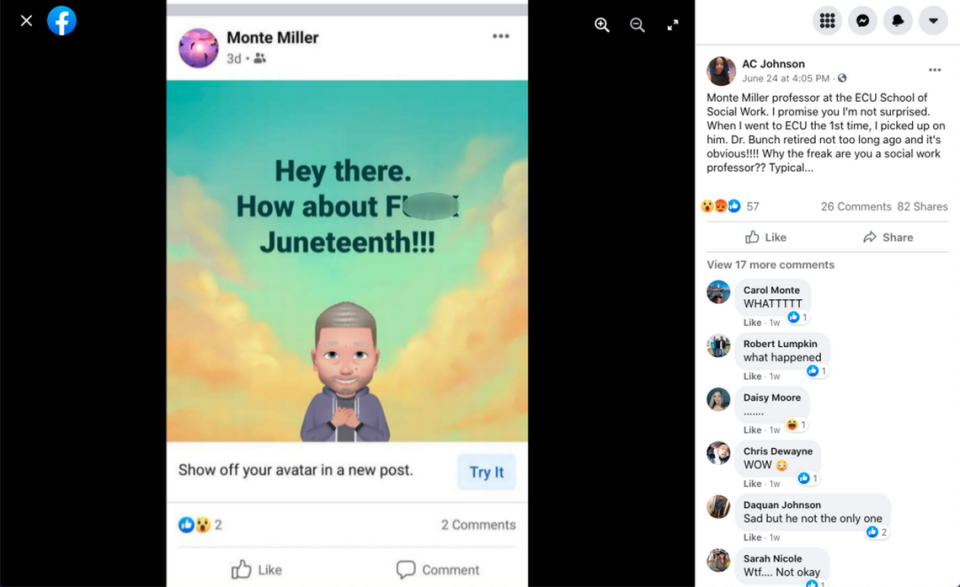 ECU Professor Monte Miller came under fire after a screenshot of a post that appeared on his Facebook page was shared online. Miller resigned from the university on Thursday, July 1, 2021.