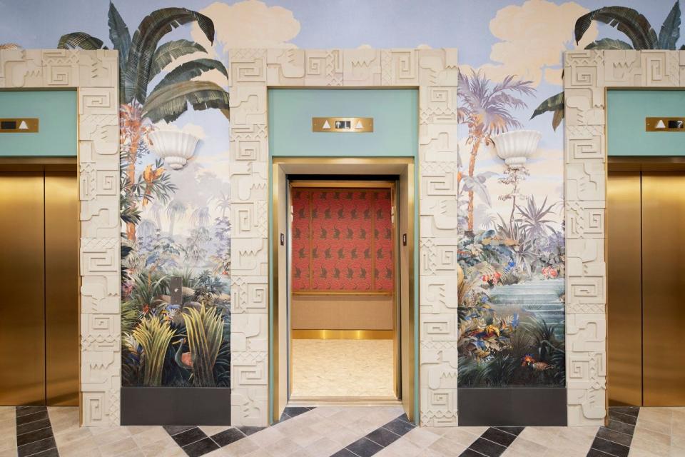 Even the elevators are classic Miami Beach at the Goodtime Hotel, designed by Ken Fulk.