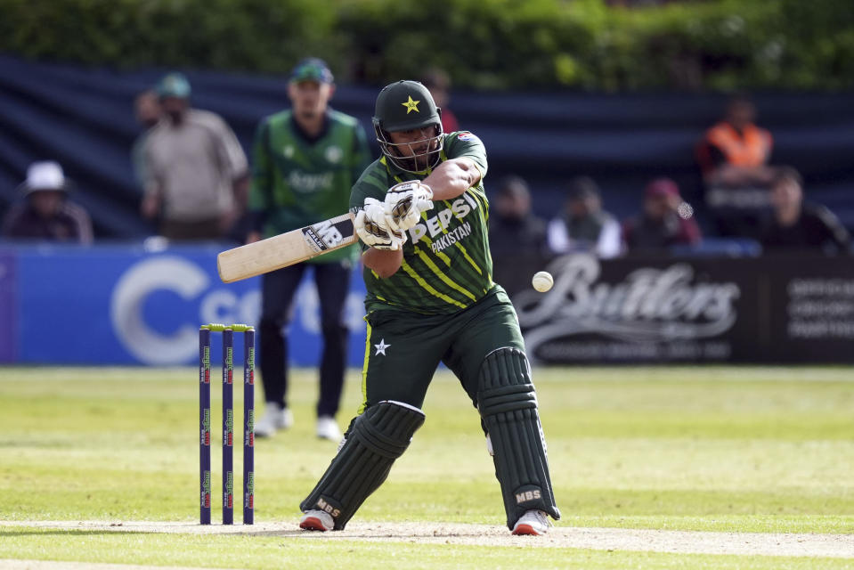 Pakistan's Azam Khan bats during the third T20 international match between Ireland and Pakistan at the Castle Avenue Cricket Ground, Dublin, Tuesday May 14, 2024. (Niall Carson/PA via AP)