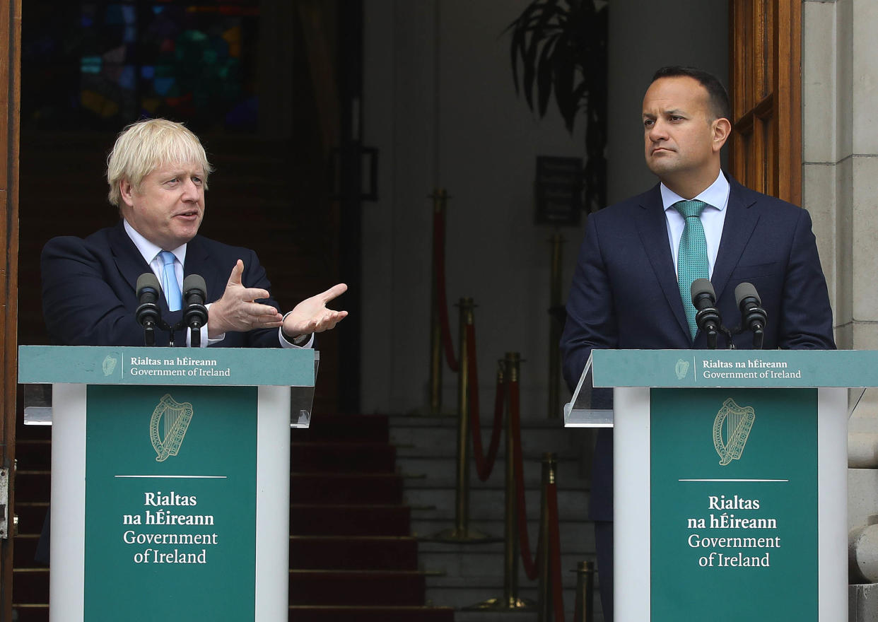 Britain's prime minister Boris Johnson, left, and Irish PM Leo Varadkar at a join press conference in Dublin earlier this month. Photo: Lorraine O'Sullivan/AFP/Getty