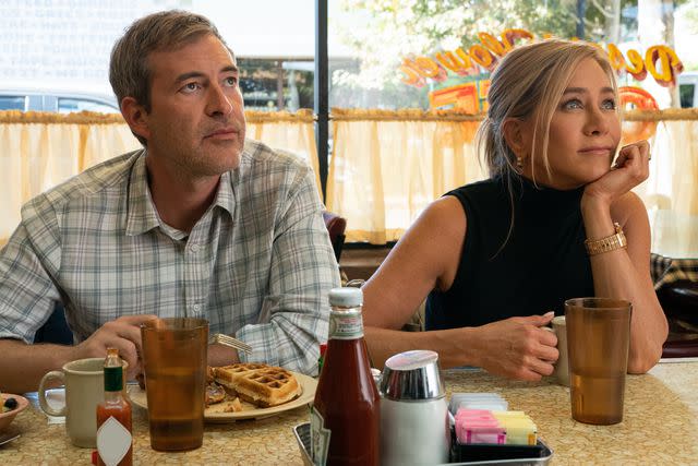 <p>Courtesy of Apple TV+</p> Jennifer Aniston and Mark Duplass on 'The Morning Show' Season 3