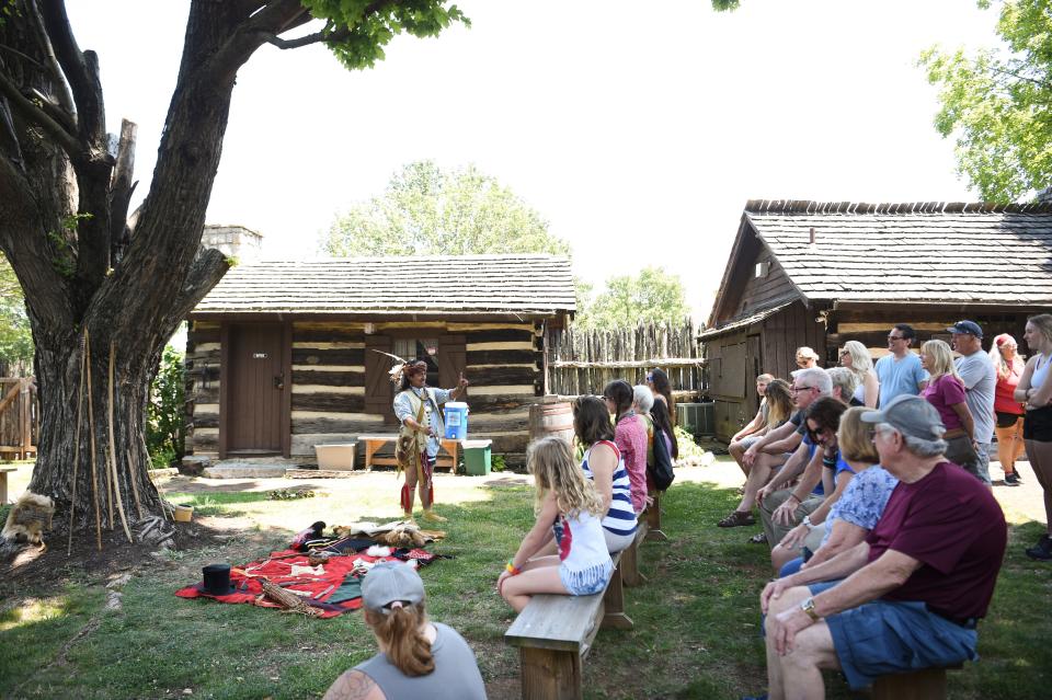 Ryan Worden speaks to a crowd at James White’s Fort during the Knoxville Historic House Museums’ Statehood Day celebration, Saturday, June 3, 2023.