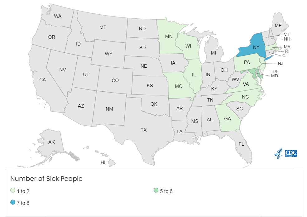 Map shows where 28 people with listeria lived.