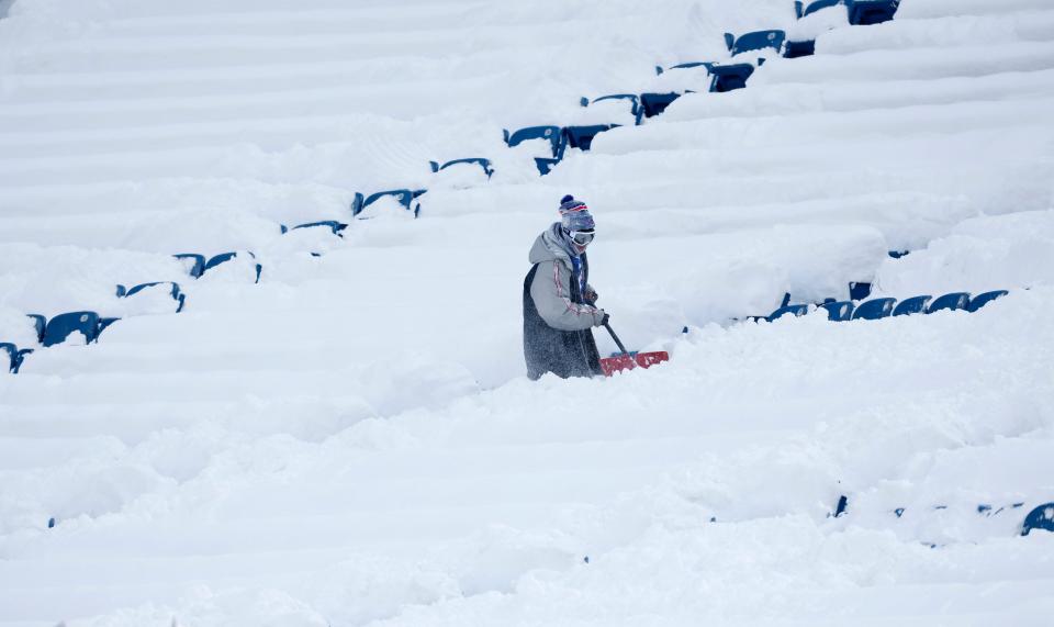 The seating area inside Highmark Stadium is still full of snow. Shovelers were instructed to clear the steps and other walkways. Fans are responsible for the snow at their seats.