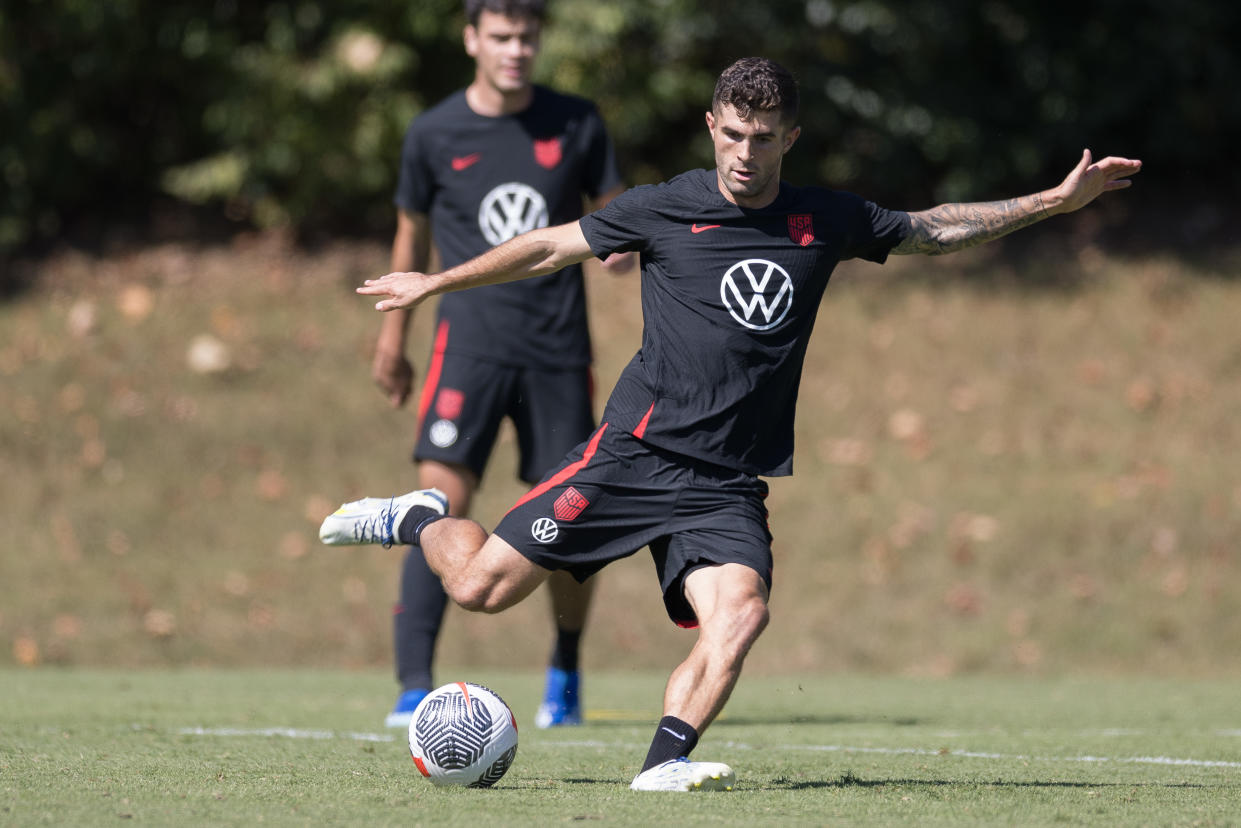 BRENTWOOD, TN - OCTOBER 10: Christian Pulisic of the United States shoots the ball during USMNT Training at Brentwood Academy on October 10, 2023 in Brentwood, Tennessee. (Photo by John Dorton/ISI Photos/Getty Images).