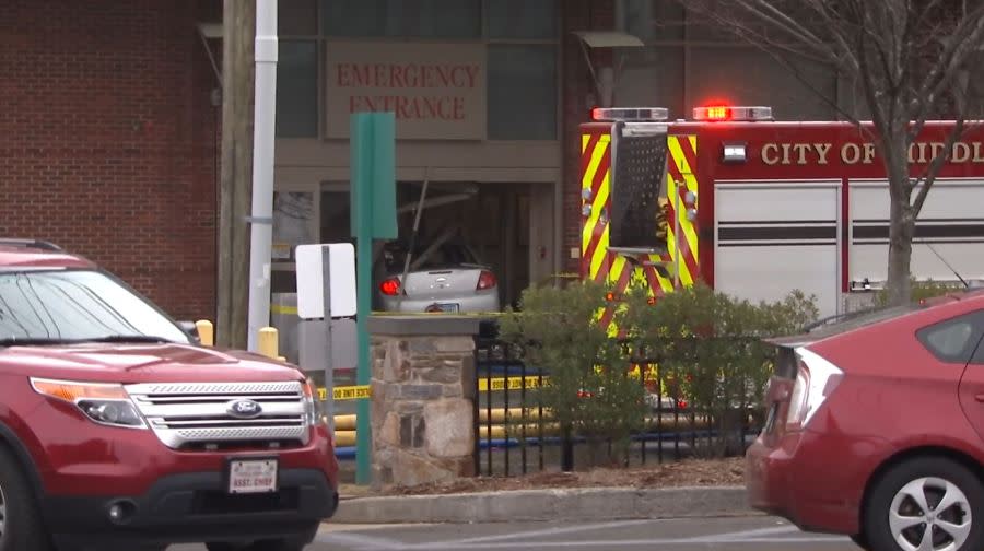 After the fire is put out, a vehicle is visible inside the ER doors at Middlesex Hospital in Middletown, Connecticut (Courtesy NBC Connecticut)