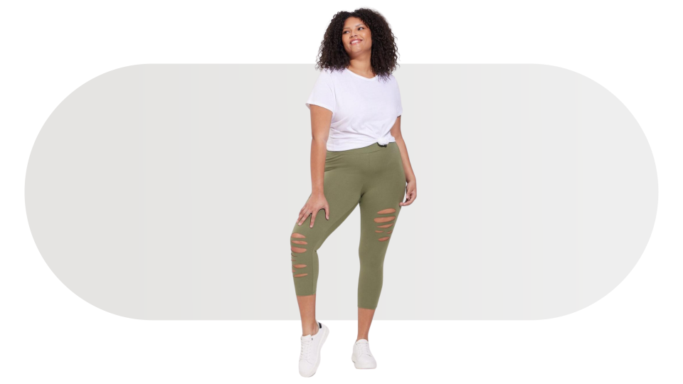 Say goodbye to boring leggings and hello to the crop asymmetrical destruction leggings from Torrid.