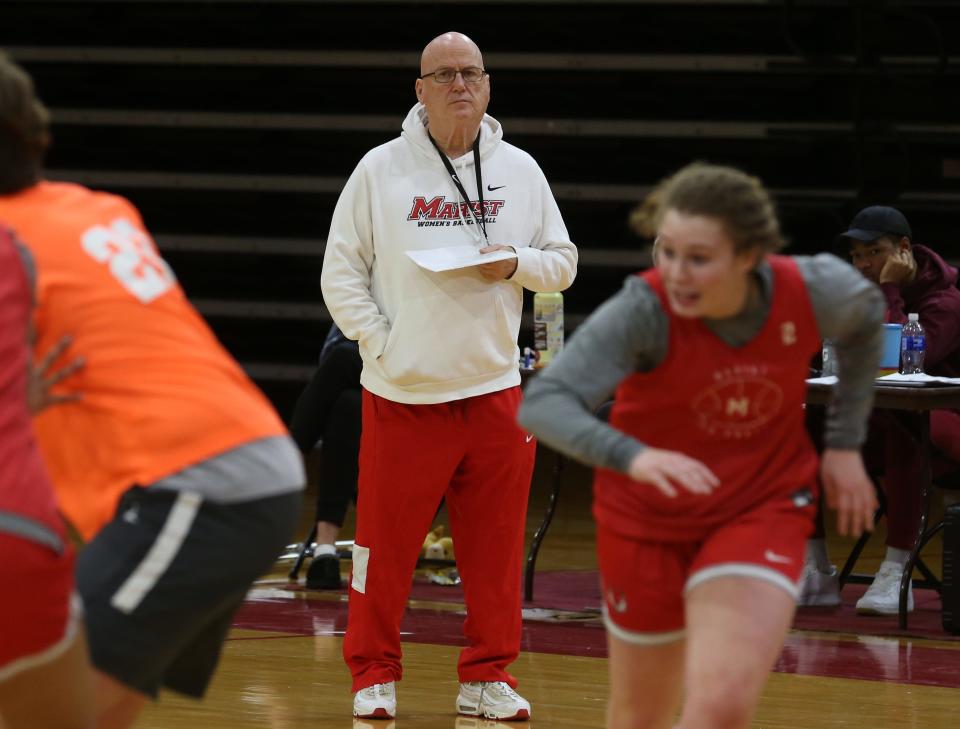 Marist College women's basketball coach Brian Giorgis runs a practice at the McCann Arena at Marist College in Poughkeepsie Feb. 21, 2023. Giorgis will be retiring at the end of this season after many years at Our Lady of Lourdes and Marist College.