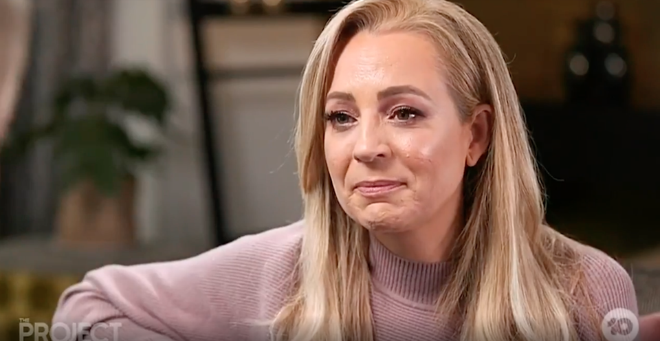 Carrie Bickmore held back tears as she interviewed Jarrod Lyle's widow, Briony, on The Project last night. Photo: Channel 10