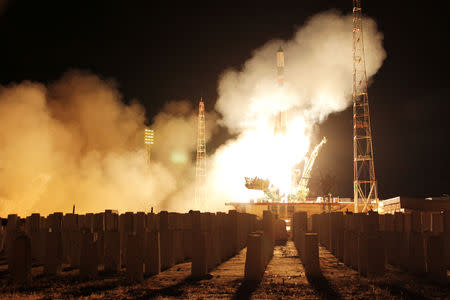 The Soyuz booster carrying the Progress MS-10 cargo craft blasts off to the International Space Station (ISS) from the launchpad at the Baikonur Cosmodrome, Kazakhstan November 17, 2018. Russian State Space Corporation ROSCOSMOS/Handout via REUTERS ATTENTION EDITORS - THIS IMAGE WAS PROVIDED BY A THIRD PARTY. EDITORIAL USE ONLY. NO RESALES. NO ARCHIVE.
