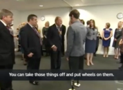 <p>When Prince Philip met Trooper Cayle Royce double amputee soldier, he said “You can take those things off and put wheels on them.” When asked, the 27-year-old soldier who lost both his legs in a bomb blast in Afghanistan said: “He’s my hero. He’s such a great person – really comedy.” Asked why he was laughing with the Duke, he said: “He told me I should lose the feet and put some wheels on my prosthetics. He said it will be easier to get around.” </p>