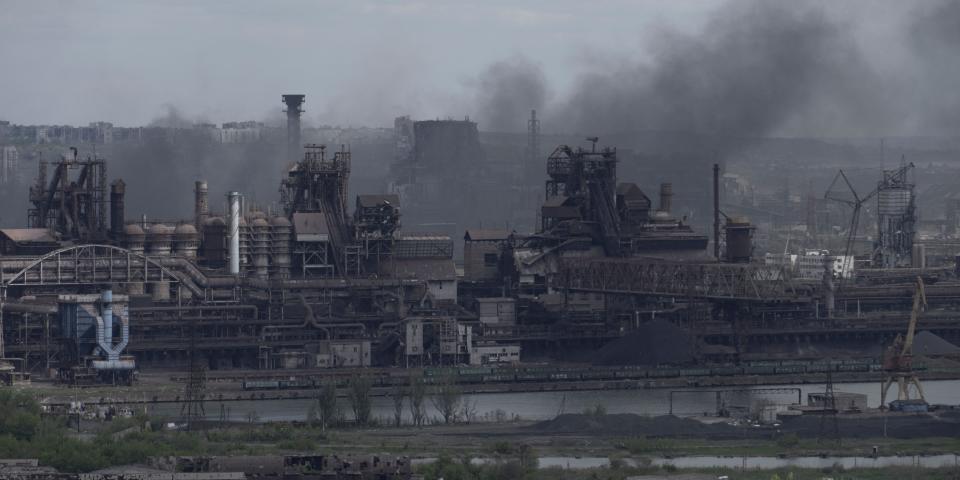 A view shows the Azovstal steel plant in the city of Mariupol on May 10, 2022, amid the ongoing Russian military action in Ukraine.