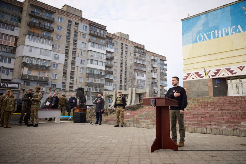 Ukraine's President Volodymyr Zelenskiy visits in the town of Okhtyrka in Sumy region