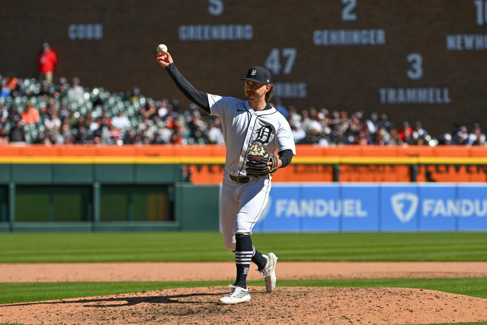 Zach McKinstry was called in to pitch in the 12th inning for the Tigers after making a costly error against the Twins. (Photo by Steven King/Icon Sportswire via Getty Images)