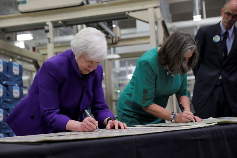 U.S. Treasury Secretary Yellen presides over the unveiling of the first U.S. banknotes printed with two women's signatures, in Fort Worth