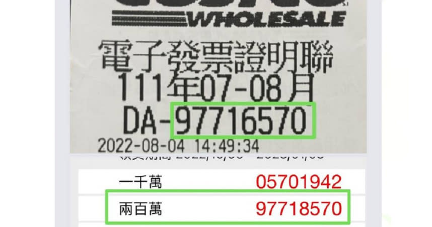 一名女網友發文分享，日前詳對7、8月份的統一發票，只因1個號碼而無緣200萬元特獎。（圖／翻攝自「Costco好市多 商品經驗老實說」臉書）