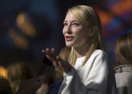 Cast member Cate Blanchett is interviewed at the premiere of "Cinderella" at El Capitan theatre in Hollywood, California in this March 1, 2015 file photo. REUTERS/Mario Anzuoni/Files