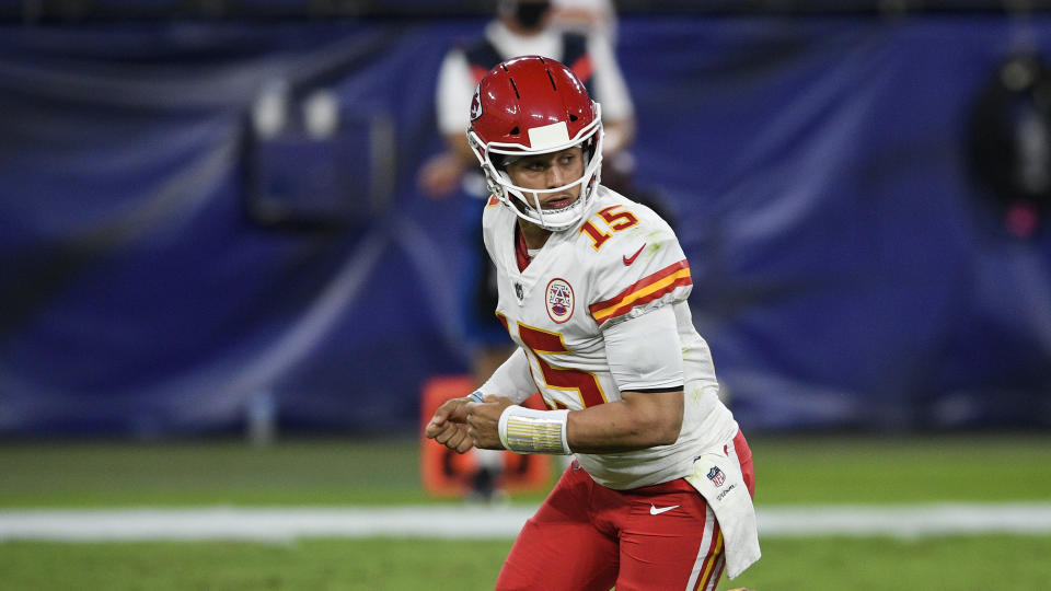 Kansas City Chiefs quarterback Patrick Mahomes (15) watches the play during the first half of an NFL football game against the Baltimore Ravens, Monday, Sept. 28, 2020, in Baltimore. (AP Photo/Nick Wass)