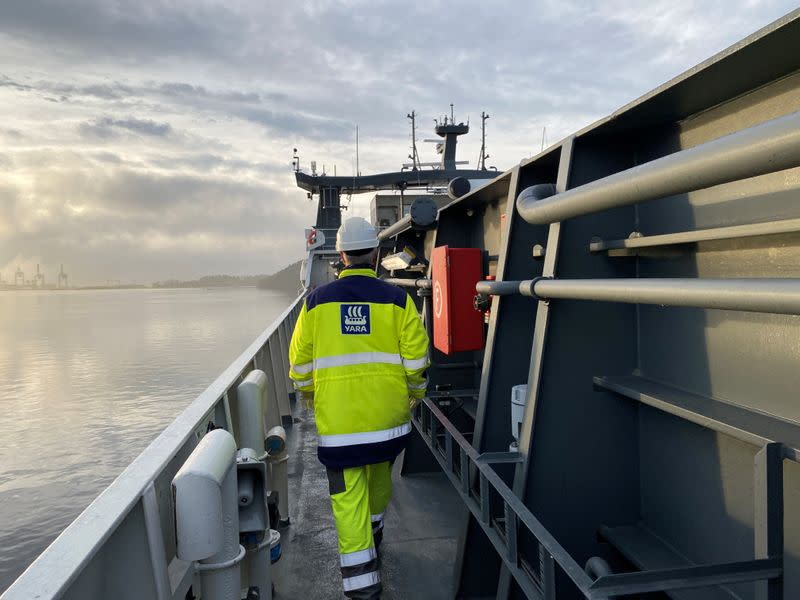 Yara Birkeland, the world's first fully electric and autonomous container vessel, is moored in Oslo