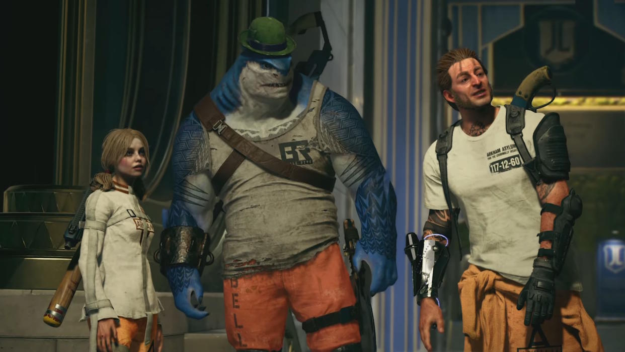  Suicide Squad: Kill the Justice League "Story and Gameplay" video still - Harley Quinn, King Shark, and Captain Boomerang. 