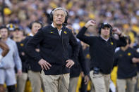 Iowa head coach Kirk Ferentz watches from the sideline during the second half of an NCAA college football game against Purdue, Saturday, Oct. 16, 2021, in Iowa City, Iowa. Purdue won 24-7. (AP Photo/Charlie Neibergall)