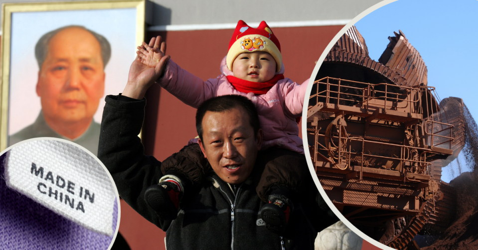 Made in China label on clothing. A man holds a child on his shoulders near a portrait of Mao Zedong. Australian iron ore being mined.