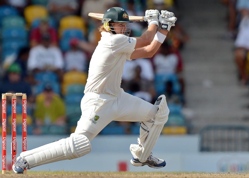 Australian batsman Shane Watson plays a shot during the final day of the first-of-three Test matches between Australia and West Indies at the Kensington Oval stadium in Bridgetown on April 11, 2012. Australia is chasing a target of 192 runs to win the match. AFP PHOTO/Jewel Samad (Photo credit should read JEWEL SAMAD/AFP/Getty Images)